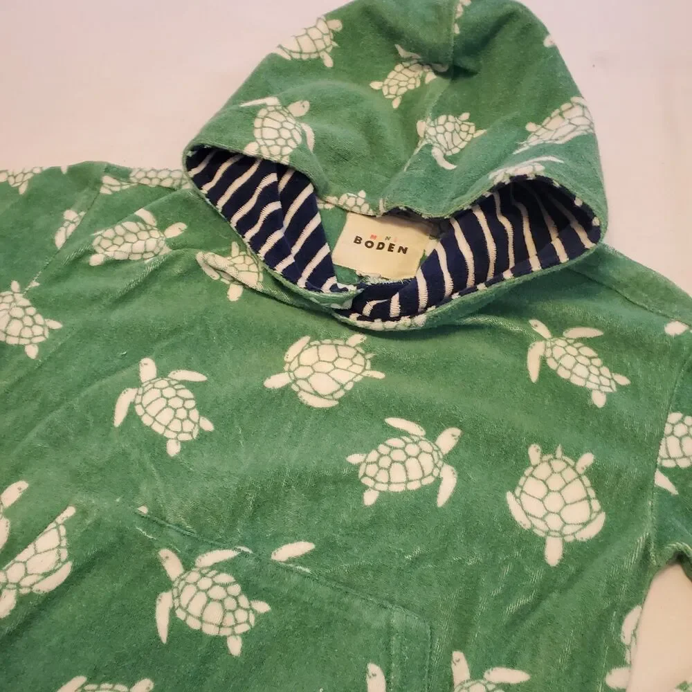 Mini Boden Kids Sz 7/8 Green Sea Turtles Terry Cloth Hoodie Swim Cover Up